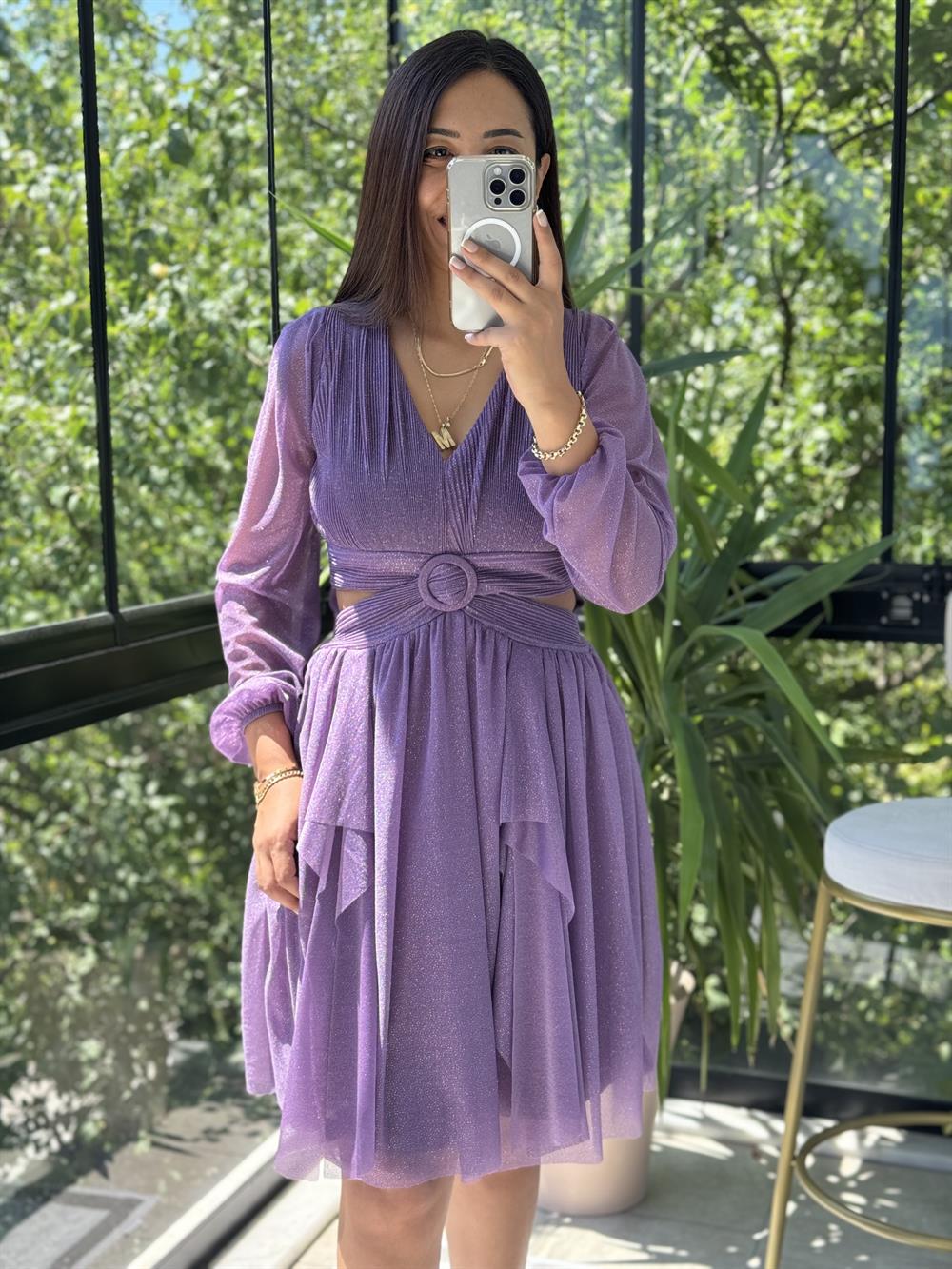 Sırt Detay Bel Tokalı Simli Tül Abiye Lila