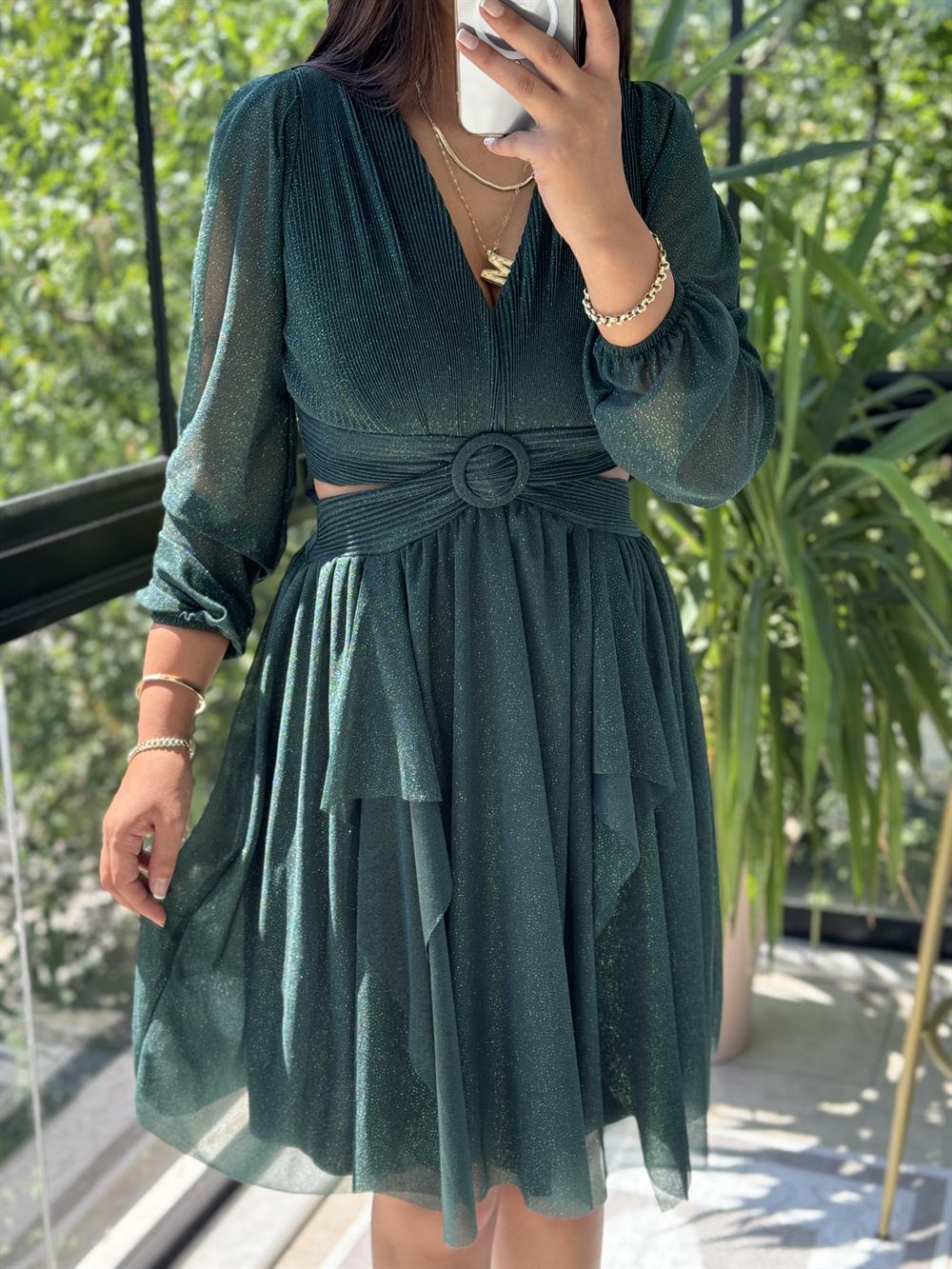 Sırt Detay Bel Tokalı Simli Tül Abiye Zümrüt