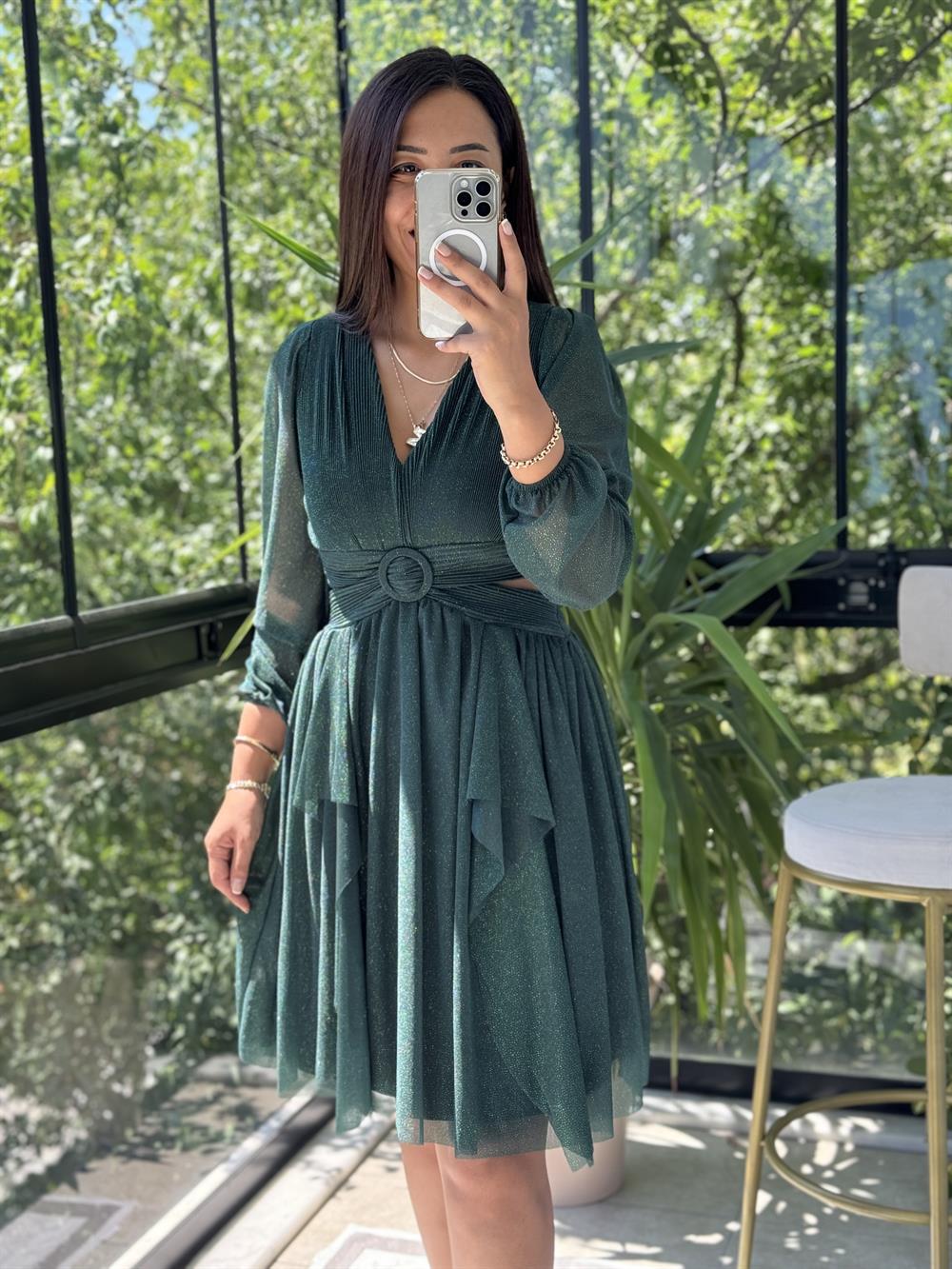 Sırt Detay Bel Tokalı Simli Tül Abiye Zümrüt