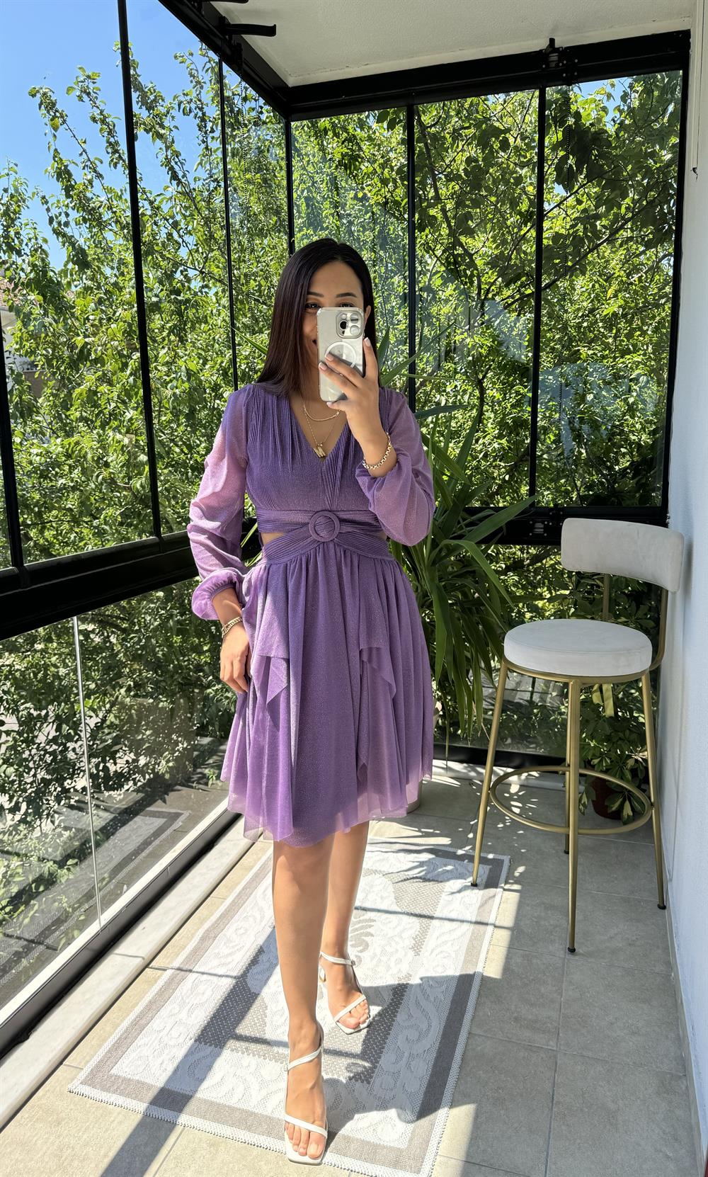 Sırt Detay Bel Tokalı Simli Tül Abiye Lila