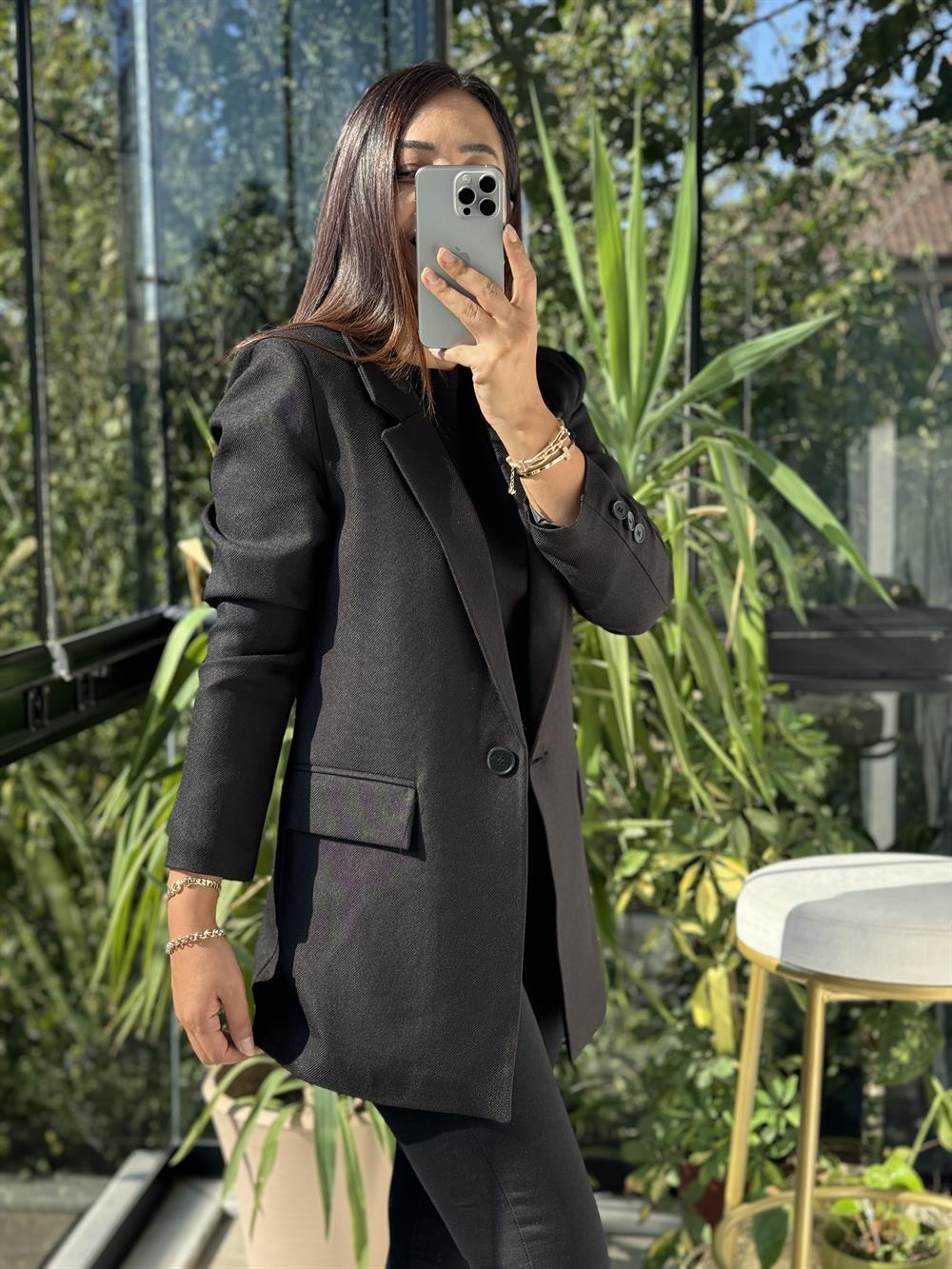 Yün Efekt Kumaş Blazer Ceket Siyah 