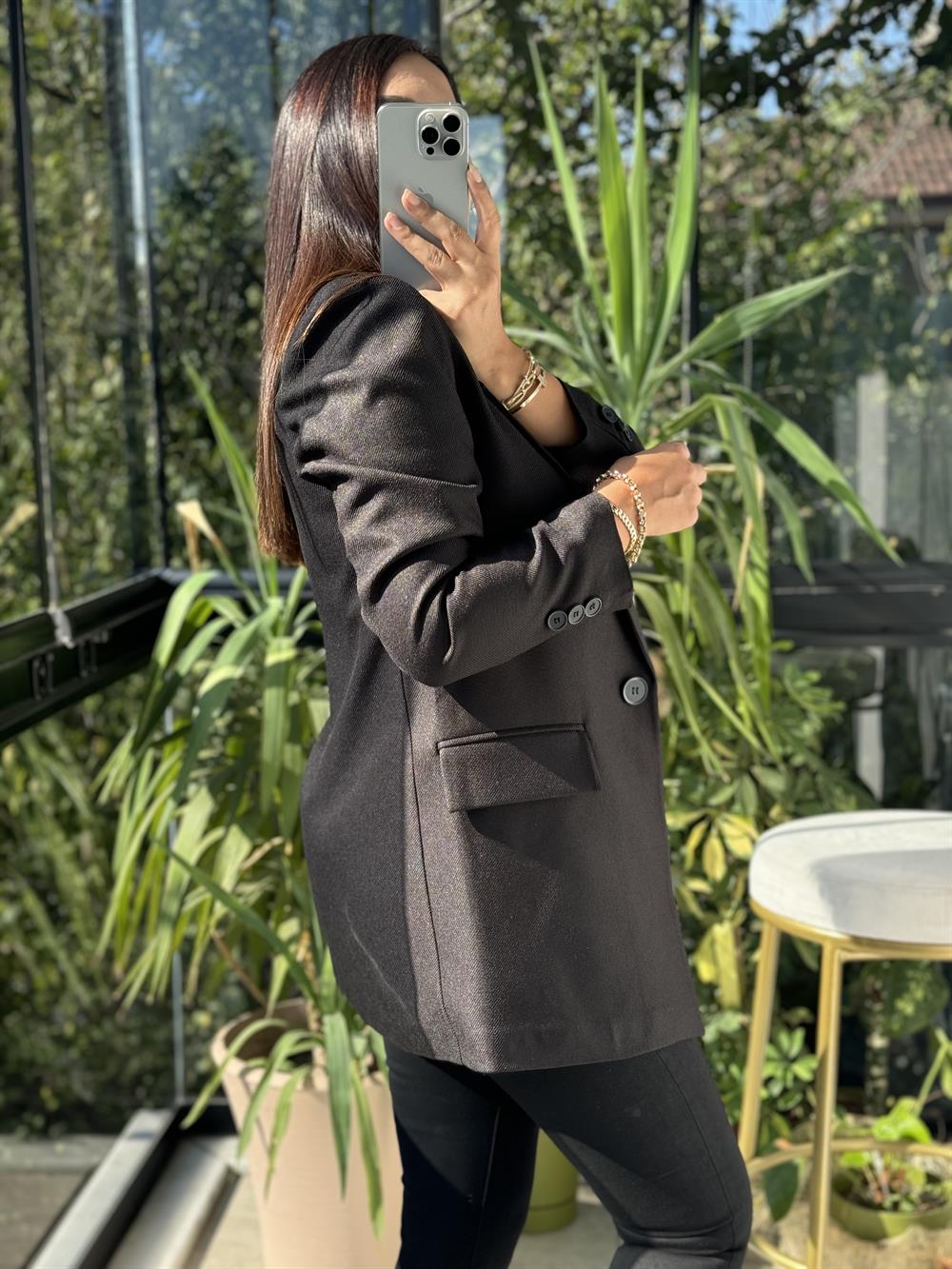 Yün Efekt Kumaş Blazer Ceket Siyah 