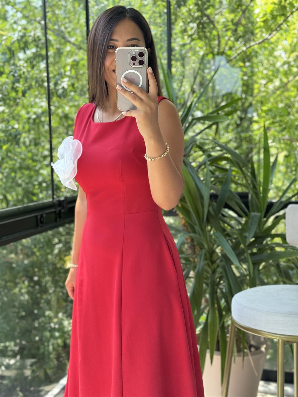 Slim Gül Detaylı Elbise Kırmızı