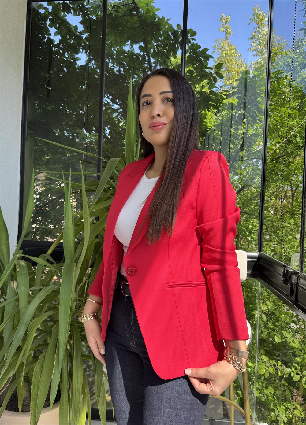 Slim Tek Düğme Blazer Ceket Kırmızı