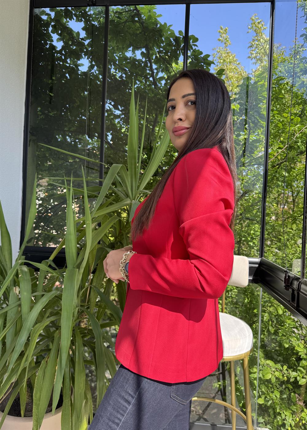 Slim Tek Düğme Blazer Ceket Kırmızı