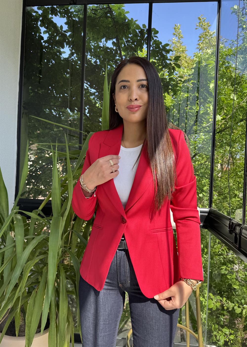 Slim Tek Düğme Blazer Ceket Kırmızı