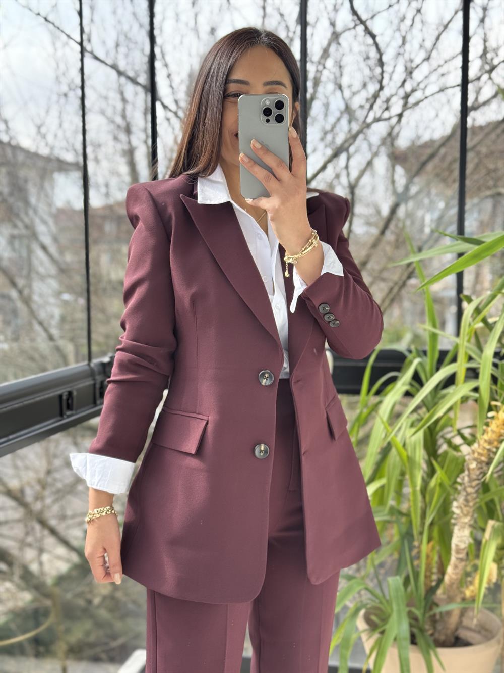 Slimfit İki düğme Blazer Ceket Mürdüm