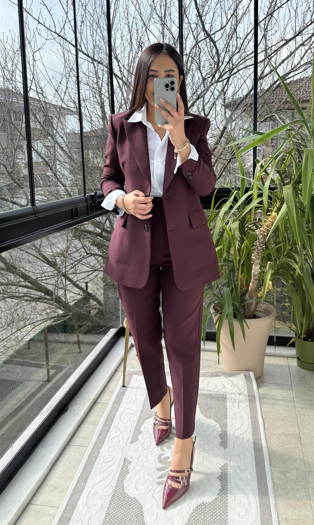 Slimfit İki düğme Blazer Ceket Mürdüm