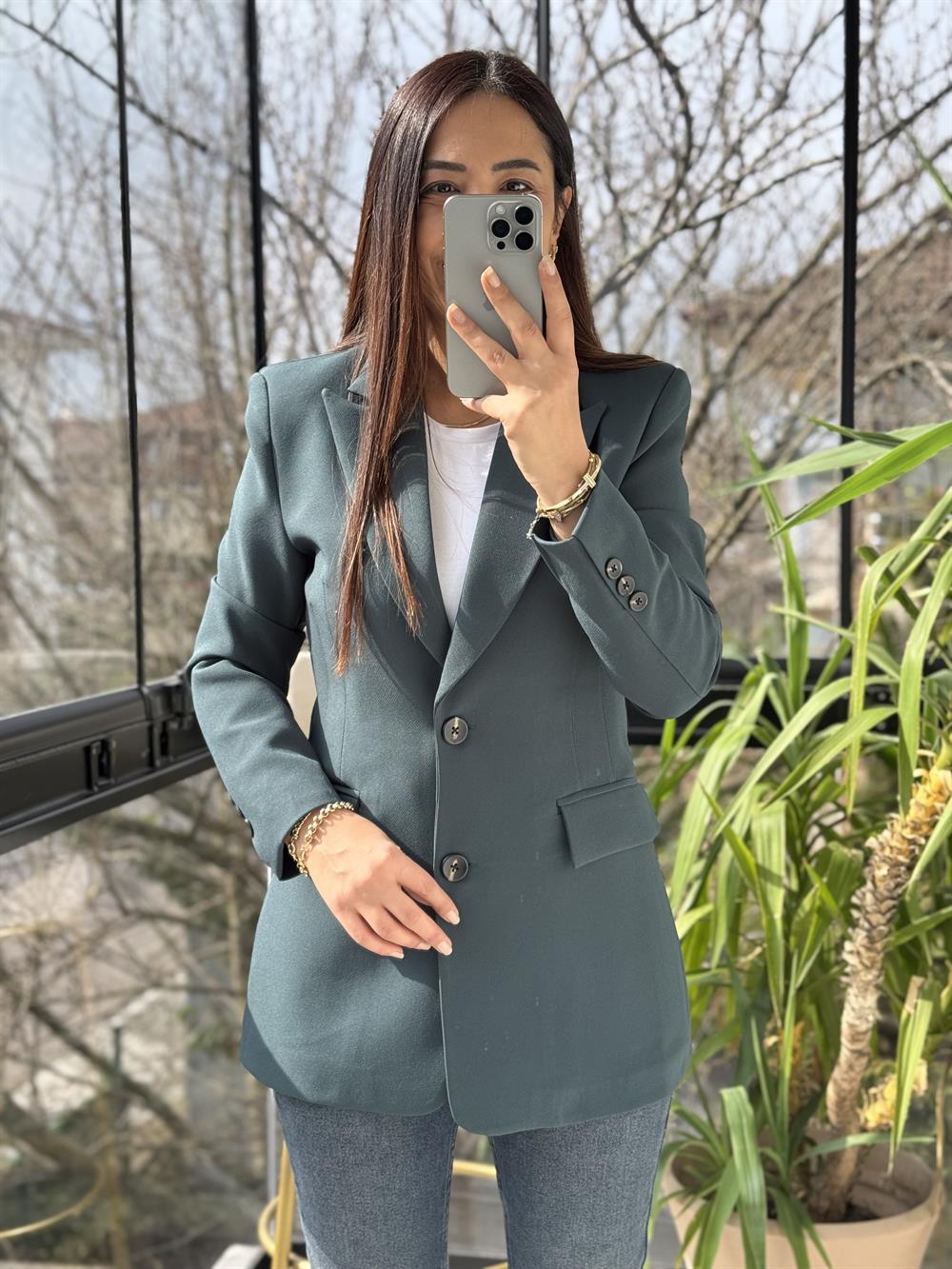 Slimfit İki düğme Blazer Ceket Zümrüt