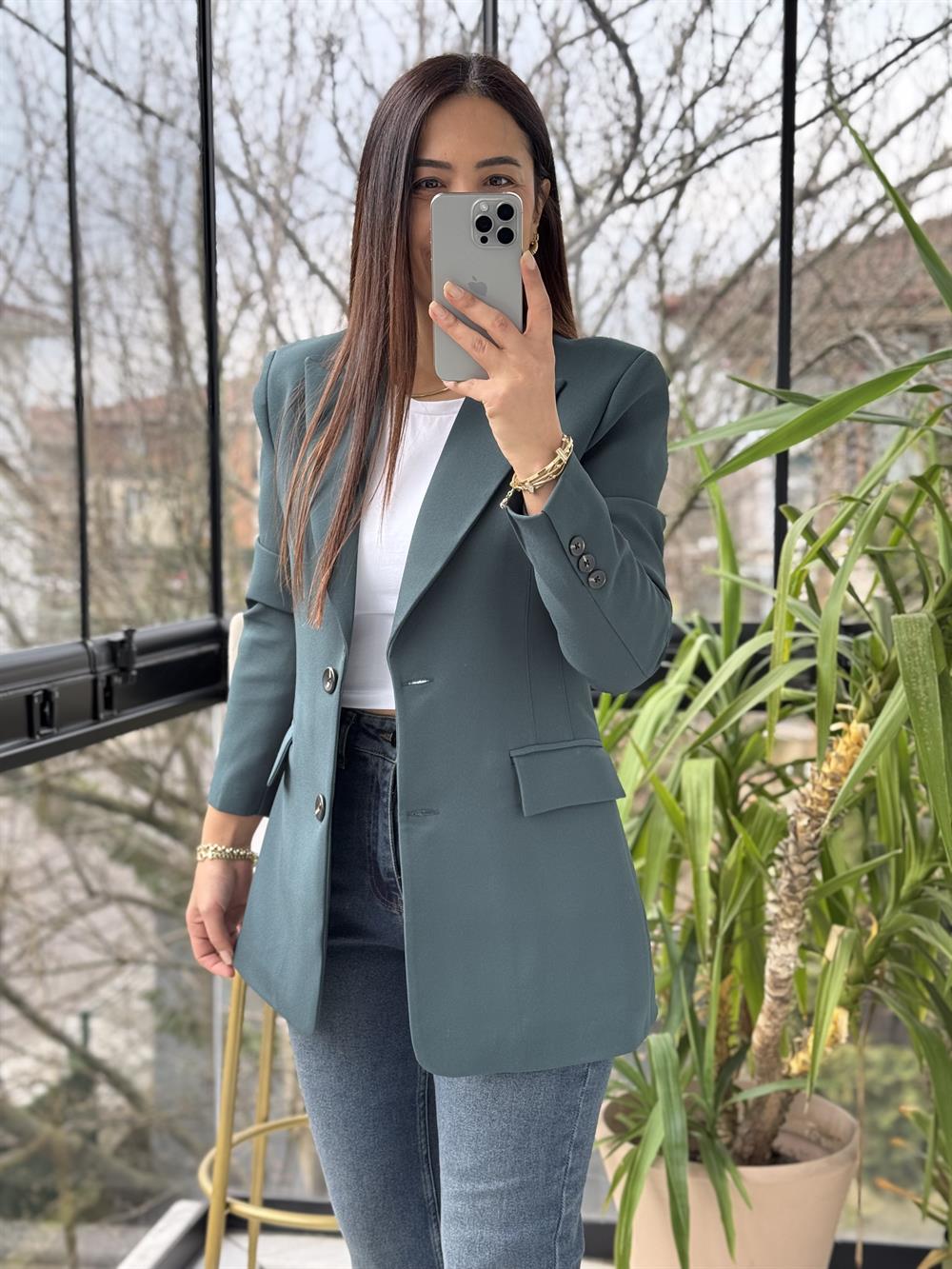 Slimfit İki düğme Blazer Ceket Zümrüt