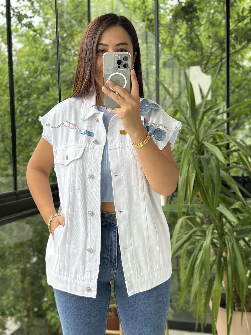 Stone Mix Rose Yelek Beyaz