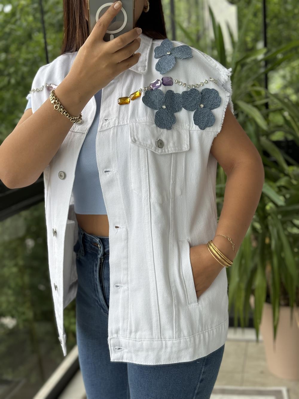 Stone Mix Rose Yelek Beyaz