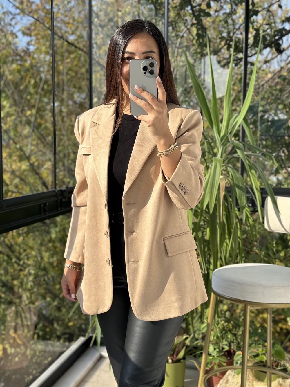 Süet 3 Düğme Blazer Ceket Bisküvü Kahvesi