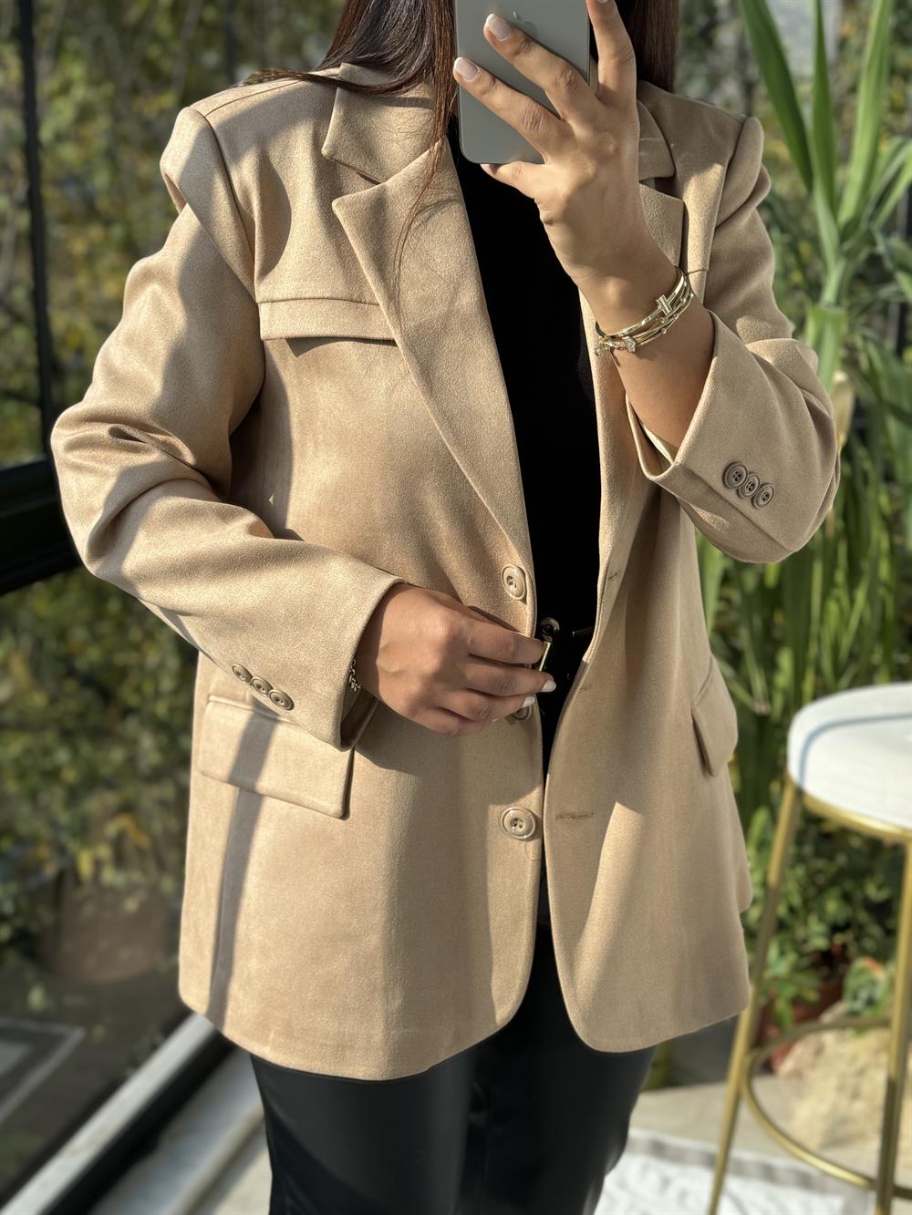 Süet 3 Düğme Blazer Ceket Bisküvü Kahvesi