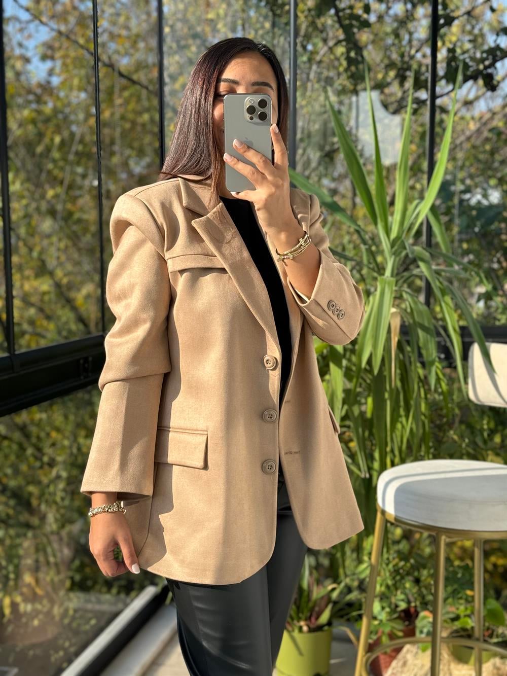 Süet 3 Düğme Blazer Ceket Bisküvü Kahvesi