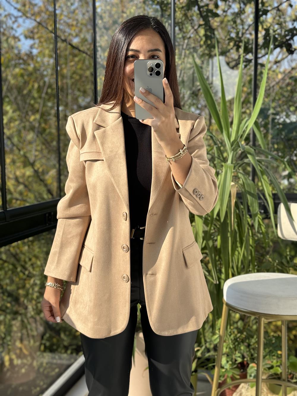 Süet 3 Düğme Blazer Ceket Bisküvü Kahvesi