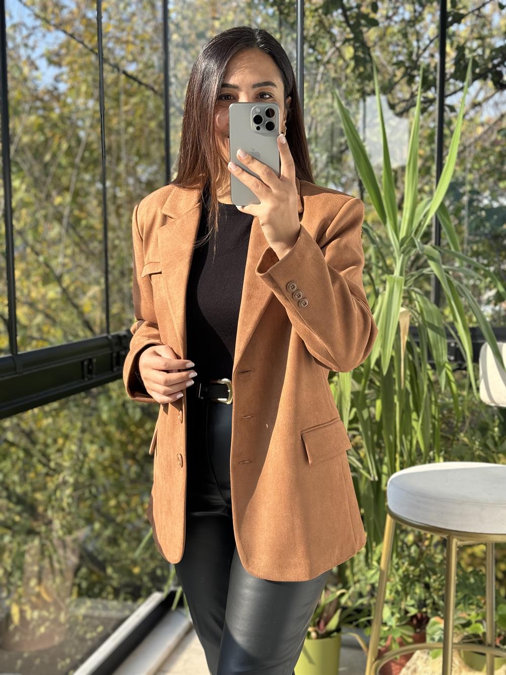 Süet 3 Düğme Blazer Ceket Taba