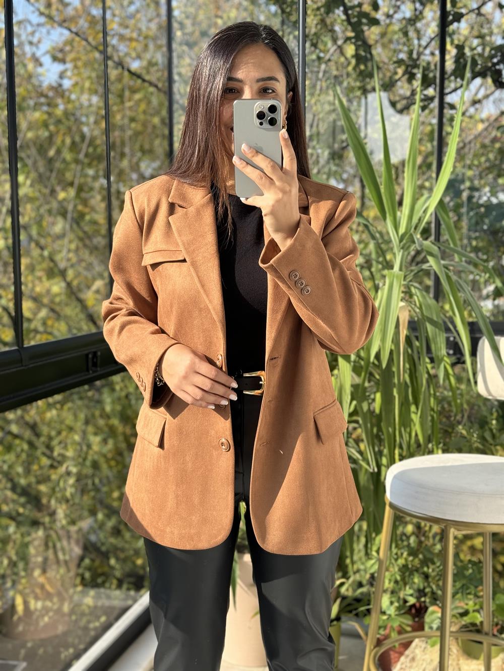 Süet 3 Düğme Blazer Ceket Taba