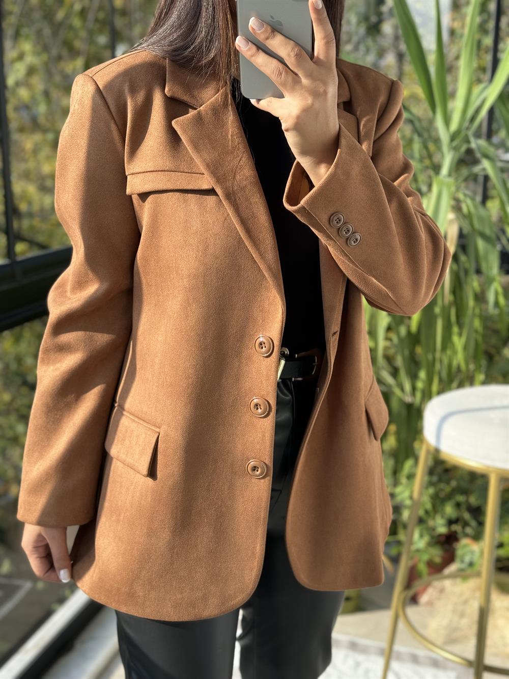 Süet 3 Düğme Blazer Ceket Taba