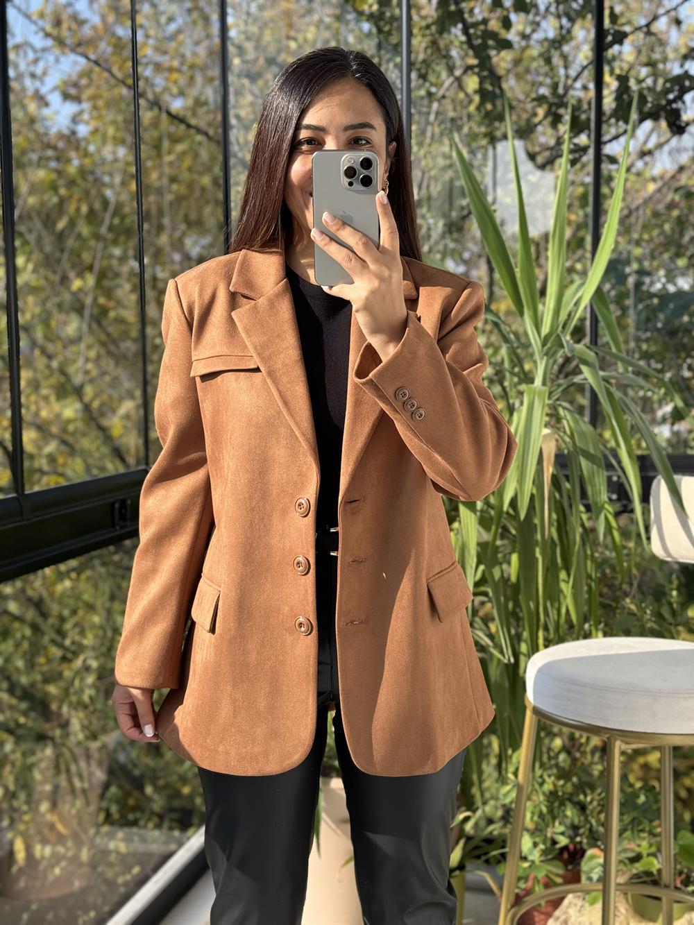 Süet 3 Düğme Blazer Ceket Taba