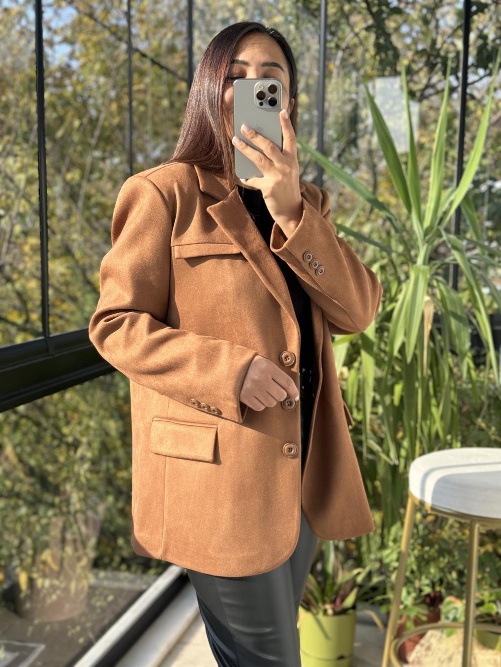 Süet 3 Düğme Blazer Ceket Taba