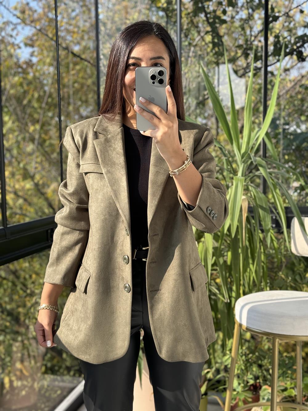 Süet 3 Düğme Blazer Ceket Yeşil