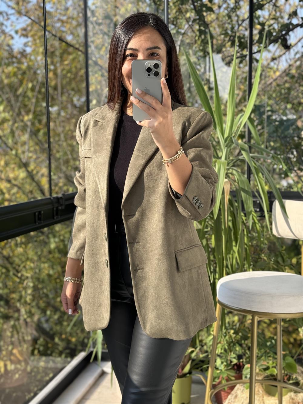 Süet 3 Düğme Blazer Ceket Yeşil