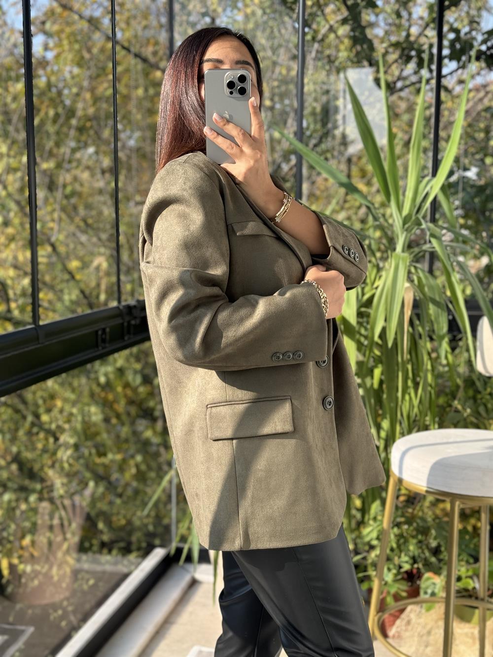 Süet 3 Düğme Blazer Ceket Yeşil