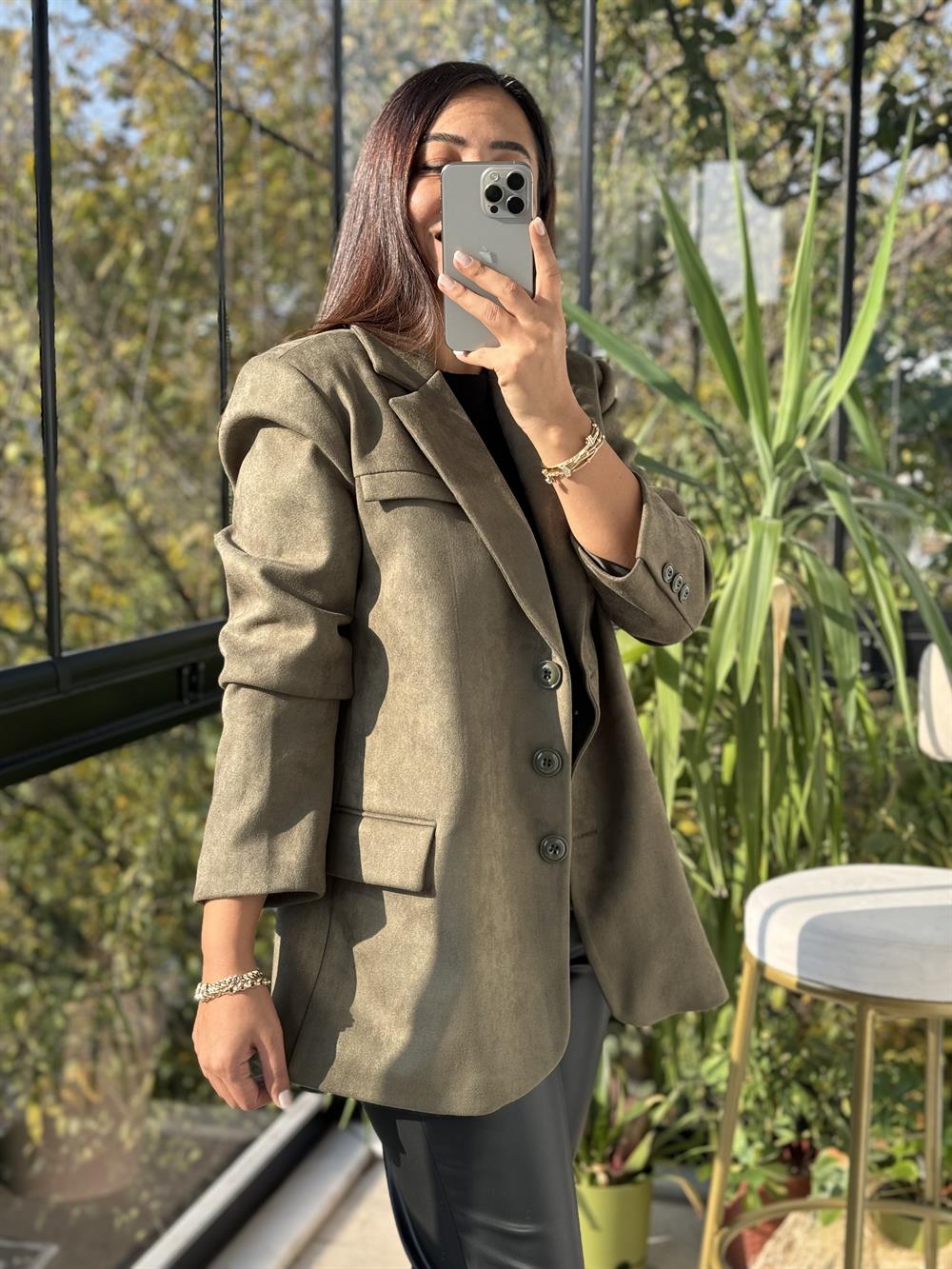 Süet 3 Düğme Blazer Ceket Yeşil