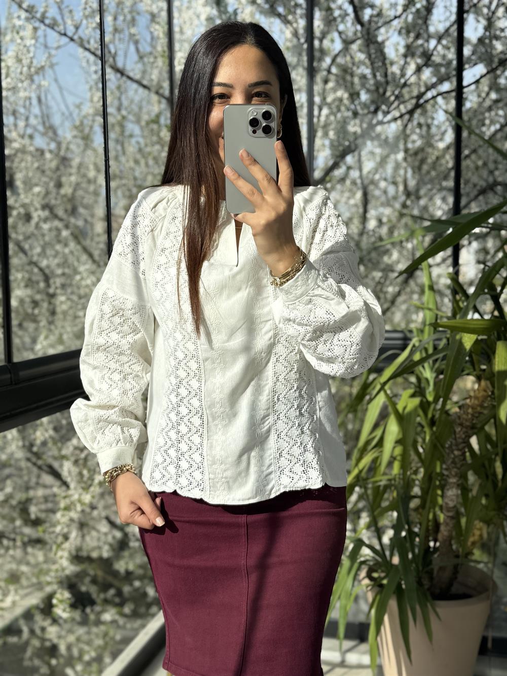 Tam Dantelli Bluz Beyaz