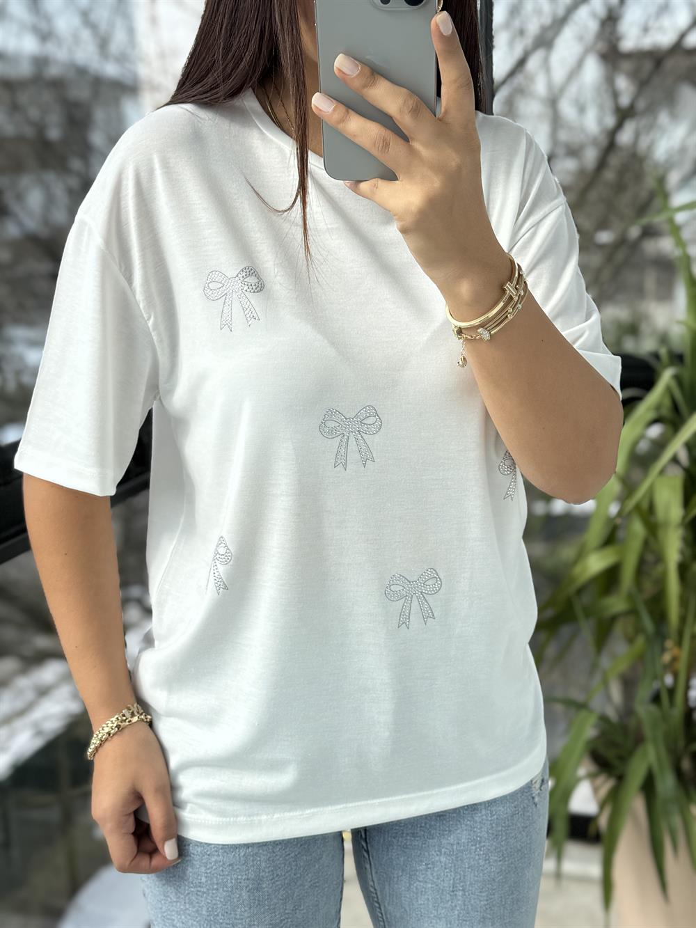 Taş Kurdeleli Tişört Ekru