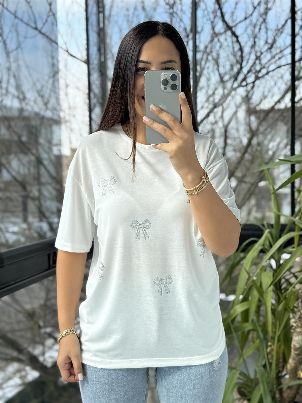 Taş Kurdeleli Tişört Ekru