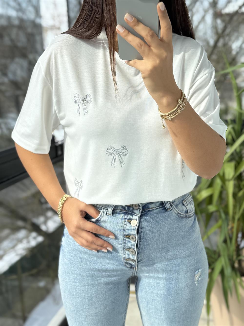 Taş Kurdeleli Tişört Ekru