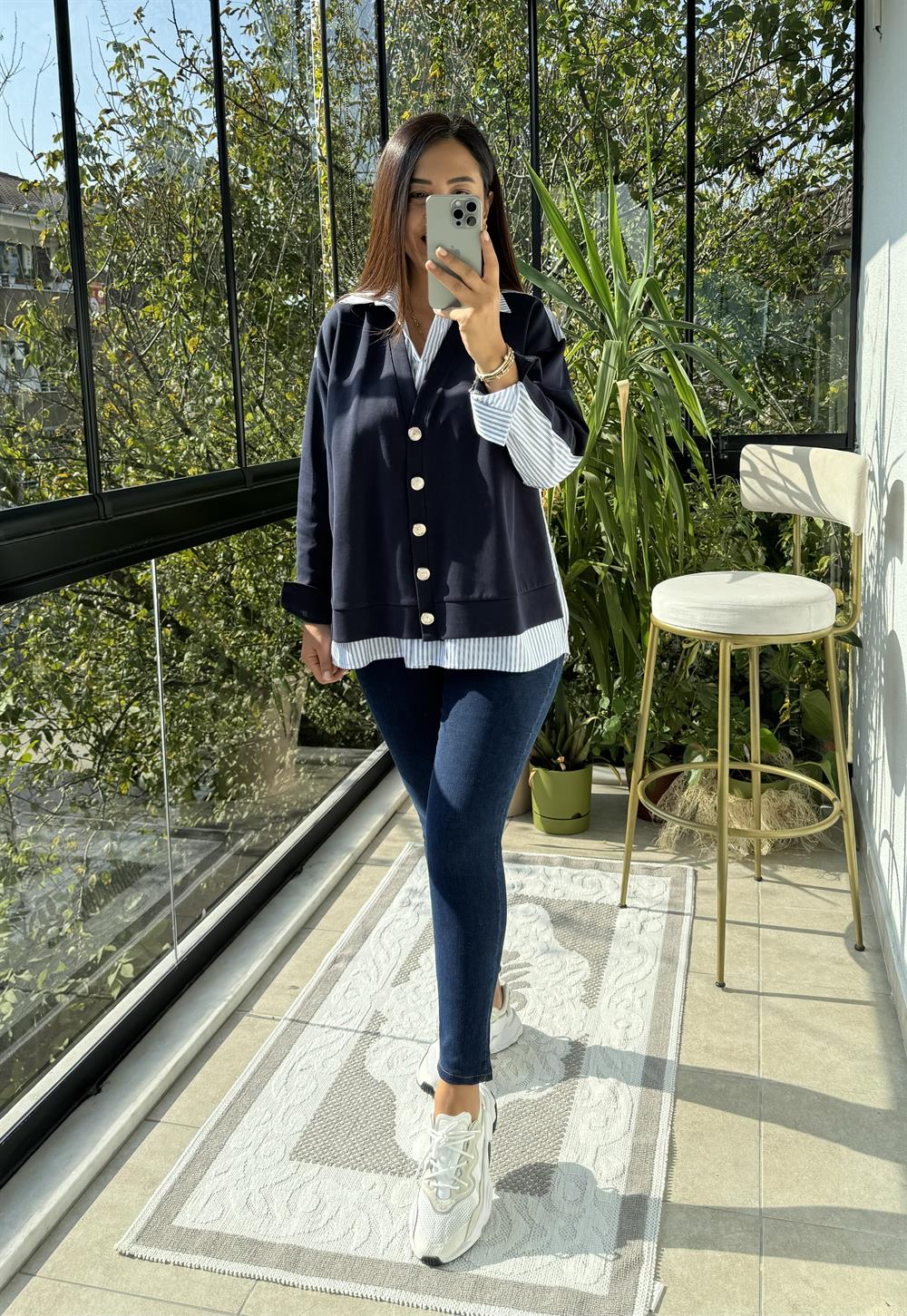 Tasarım Gömlekli Hırka Lacivert