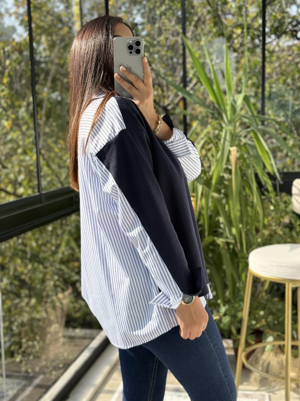 Tasarım Gömlekli Hırka Lacivert