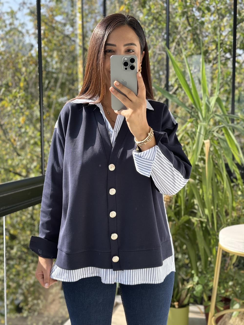 Tasarım Gömlekli Hırka Lacivert