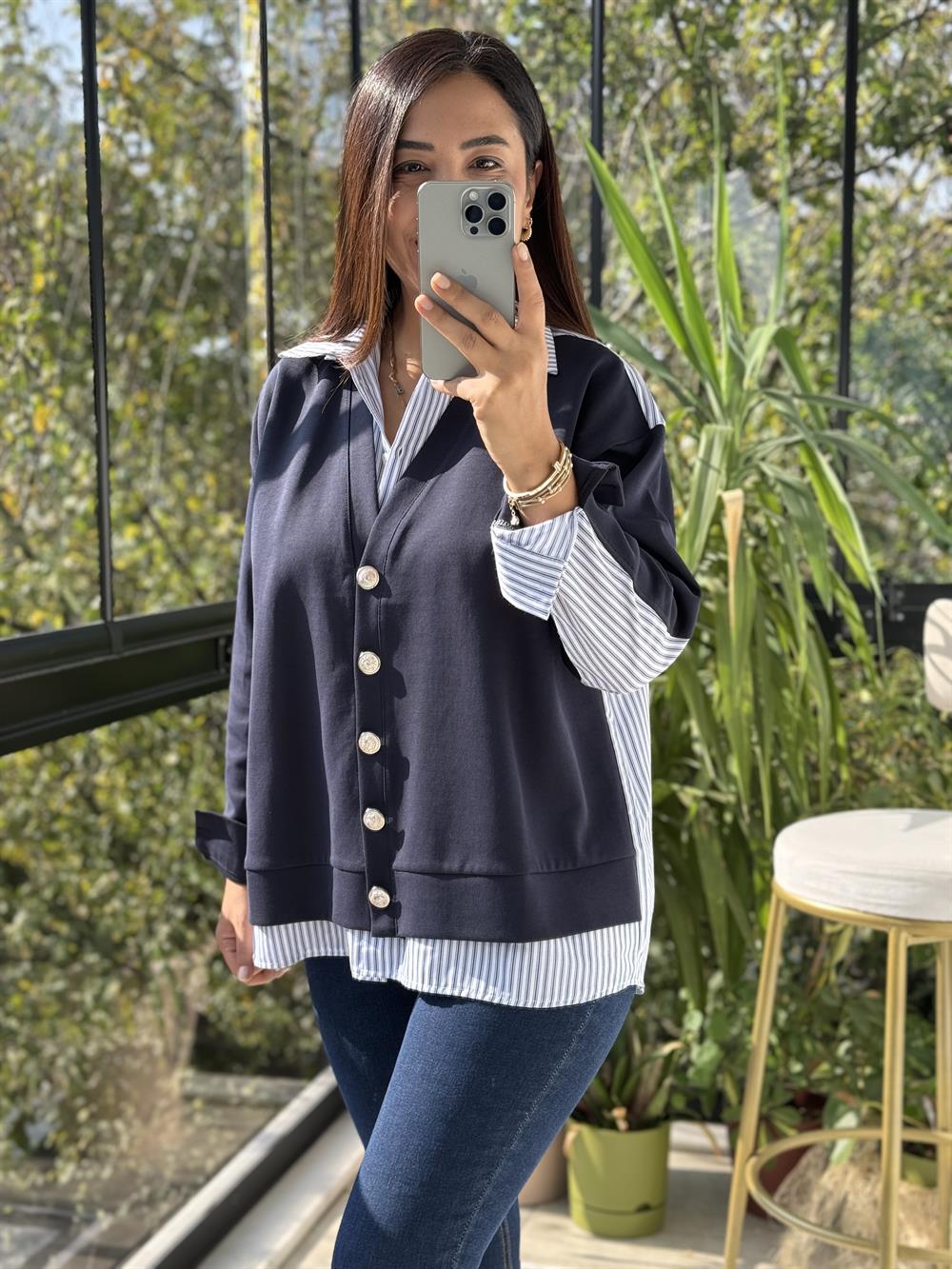 Tasarım Gömlekli Hırka Lacivert