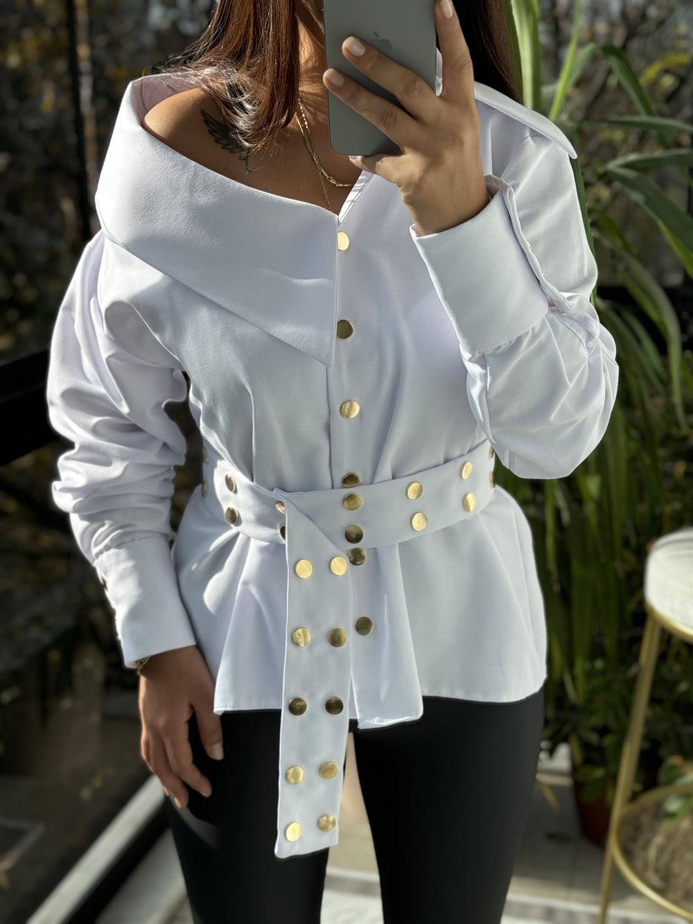 Tasarım Yaka Detaylı Gömlek Beyaz