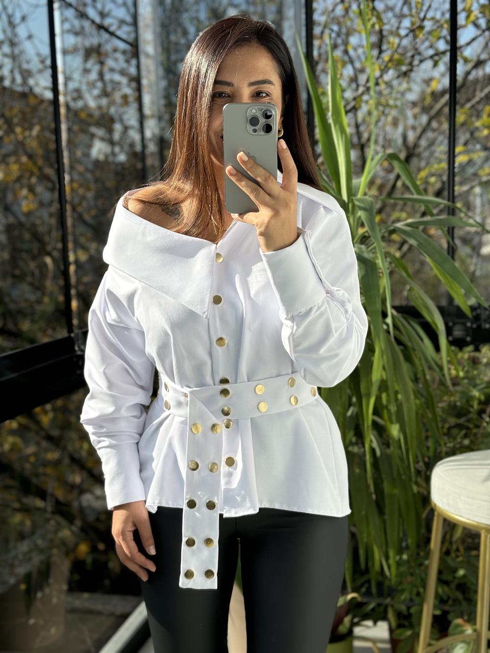 Tasarım Yaka Detaylı Gömlek Beyaz