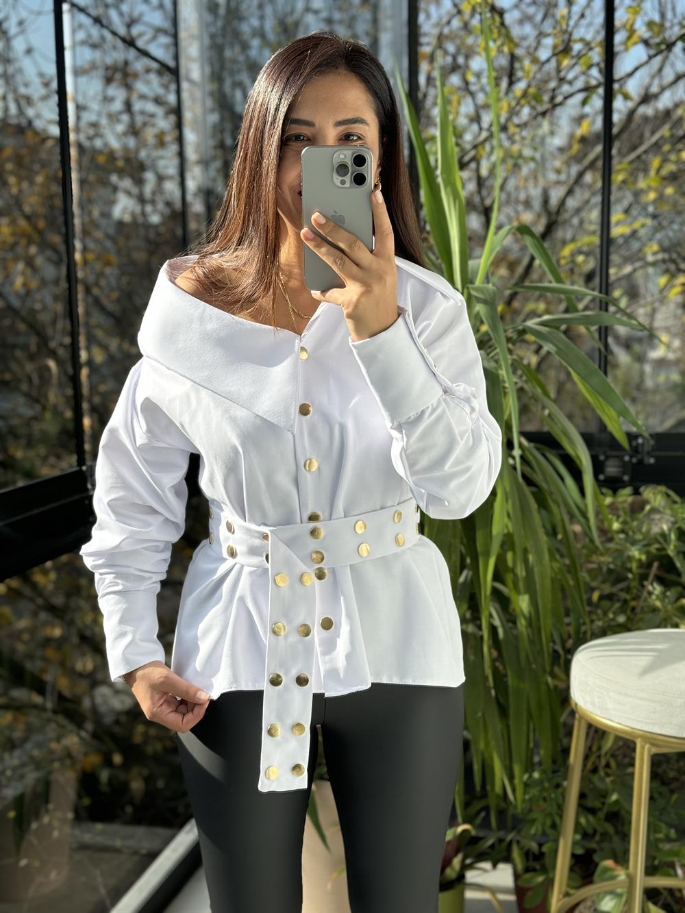 Tasarım Yaka Detaylı Gömlek Beyaz