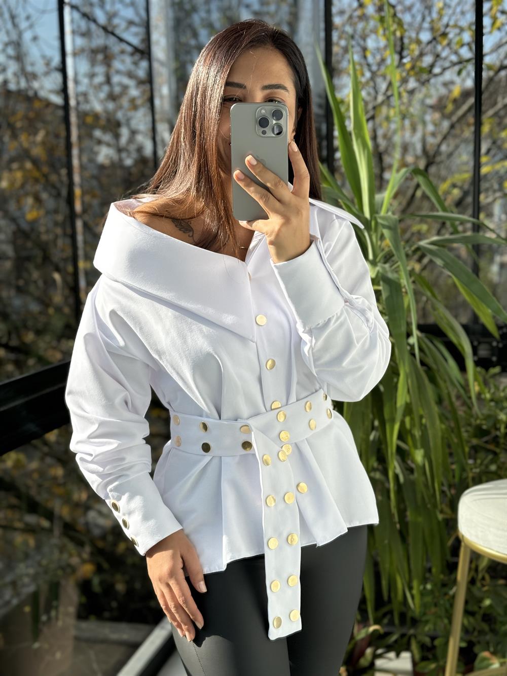 Tasarım Yaka Detaylı Gömlek Beyaz