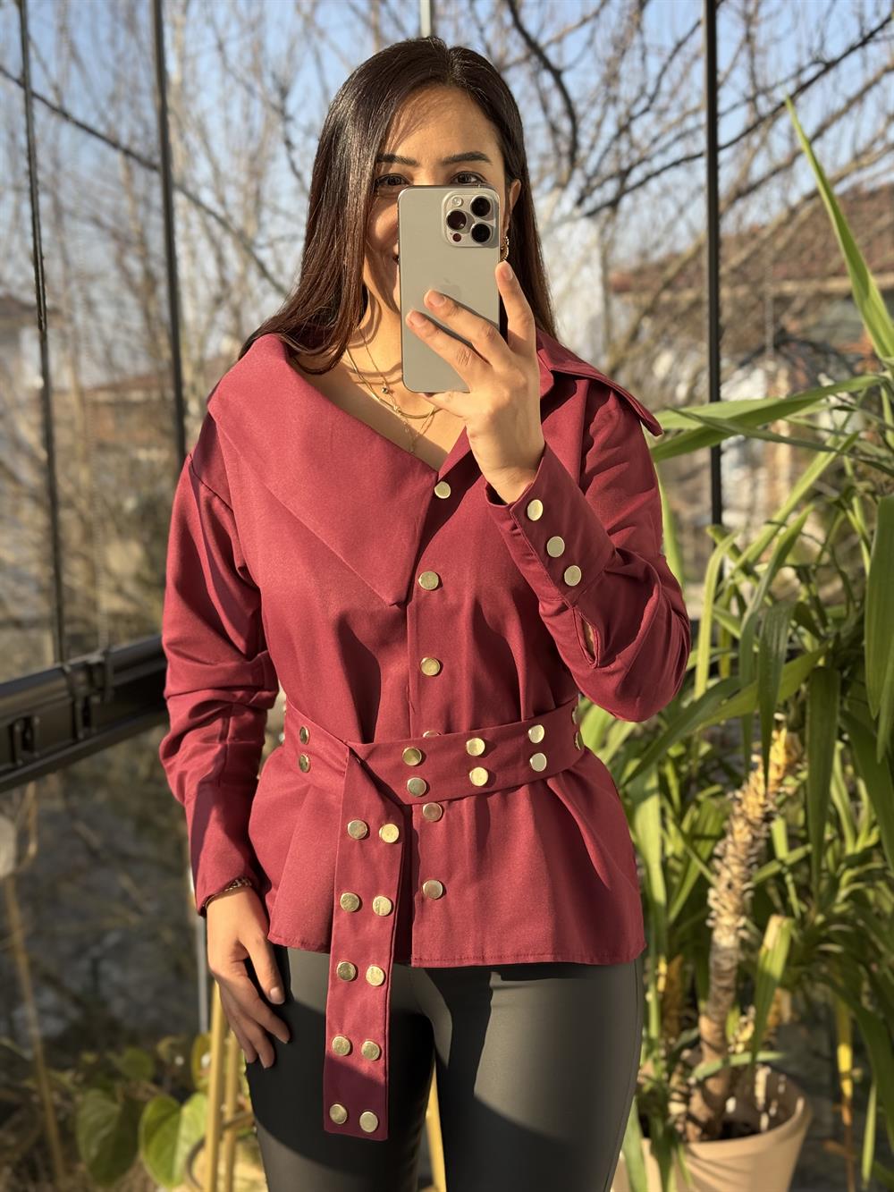 Tasarım Yaka Detaylı Gömlek Bordo