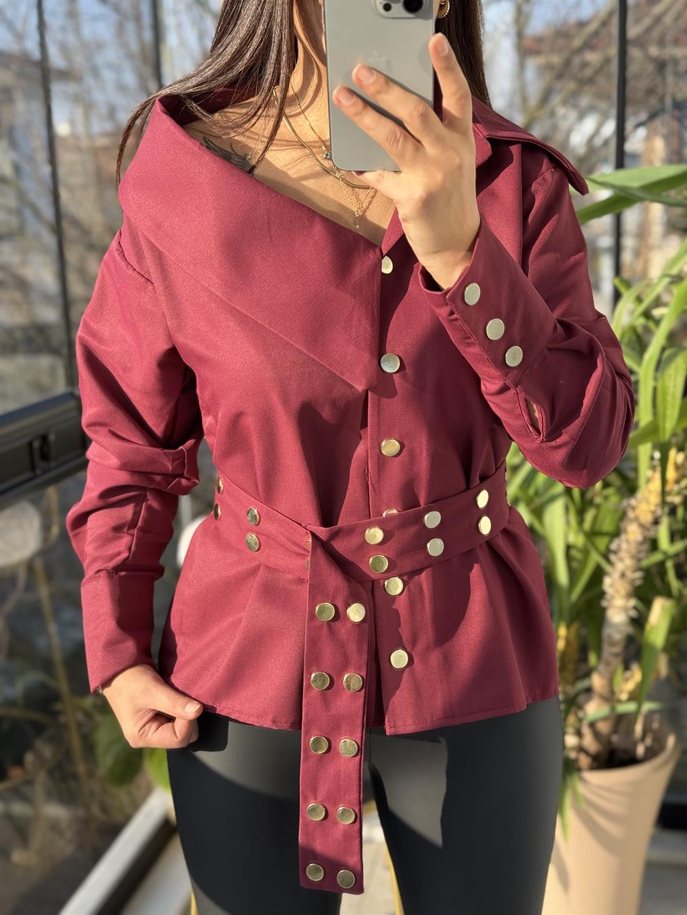 Tasarım Yaka Detaylı Gömlek Bordo