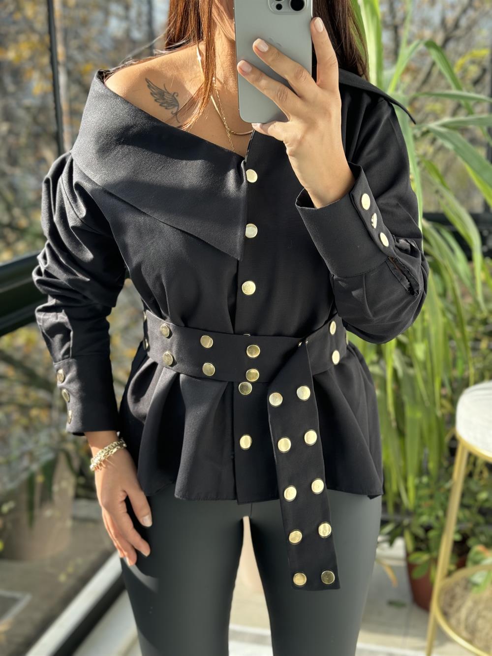 Tasarım Yaka Detaylı Gömlek Siyah