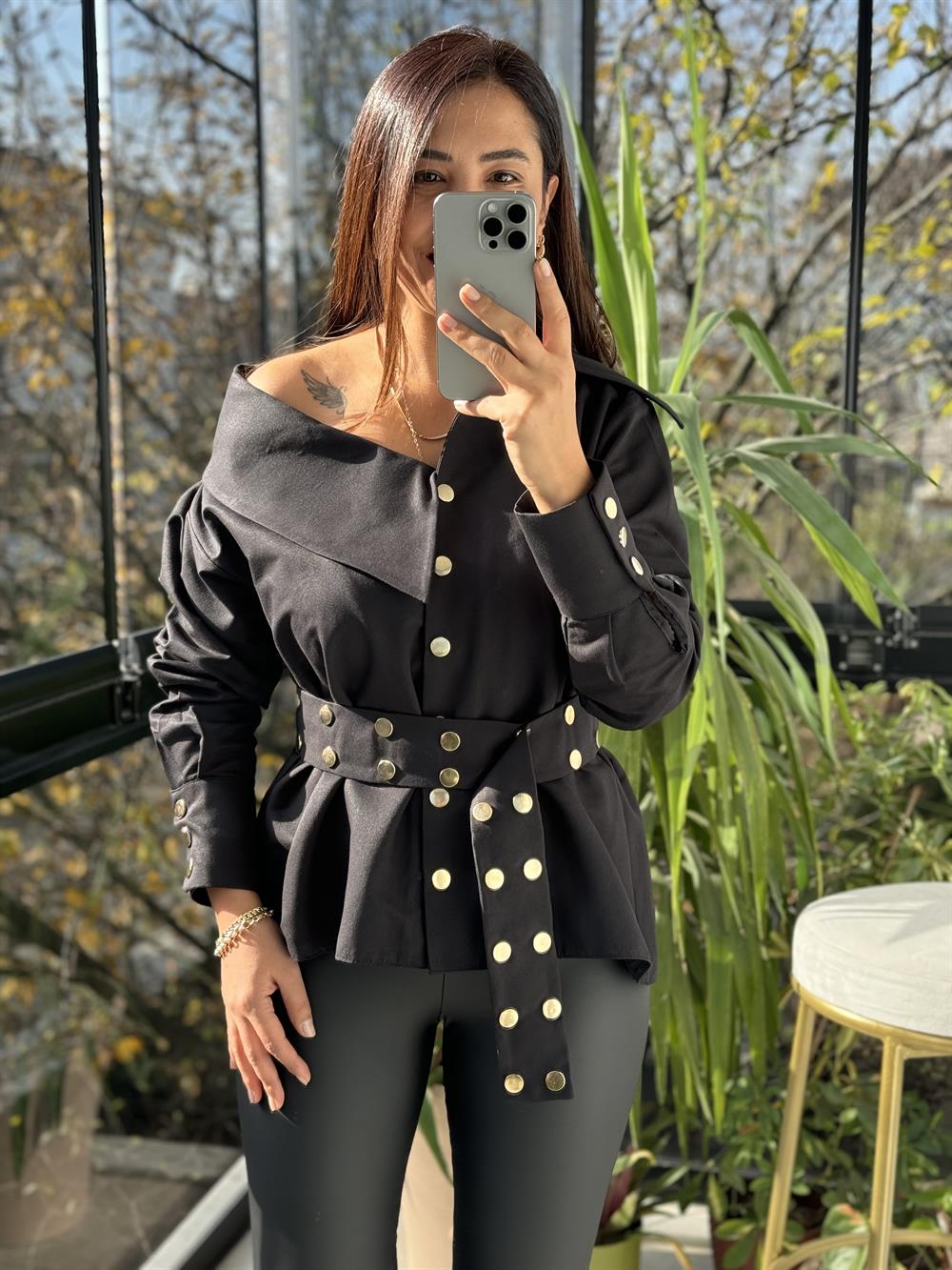 Tasarım Yaka Detaylı Gömlek Siyah