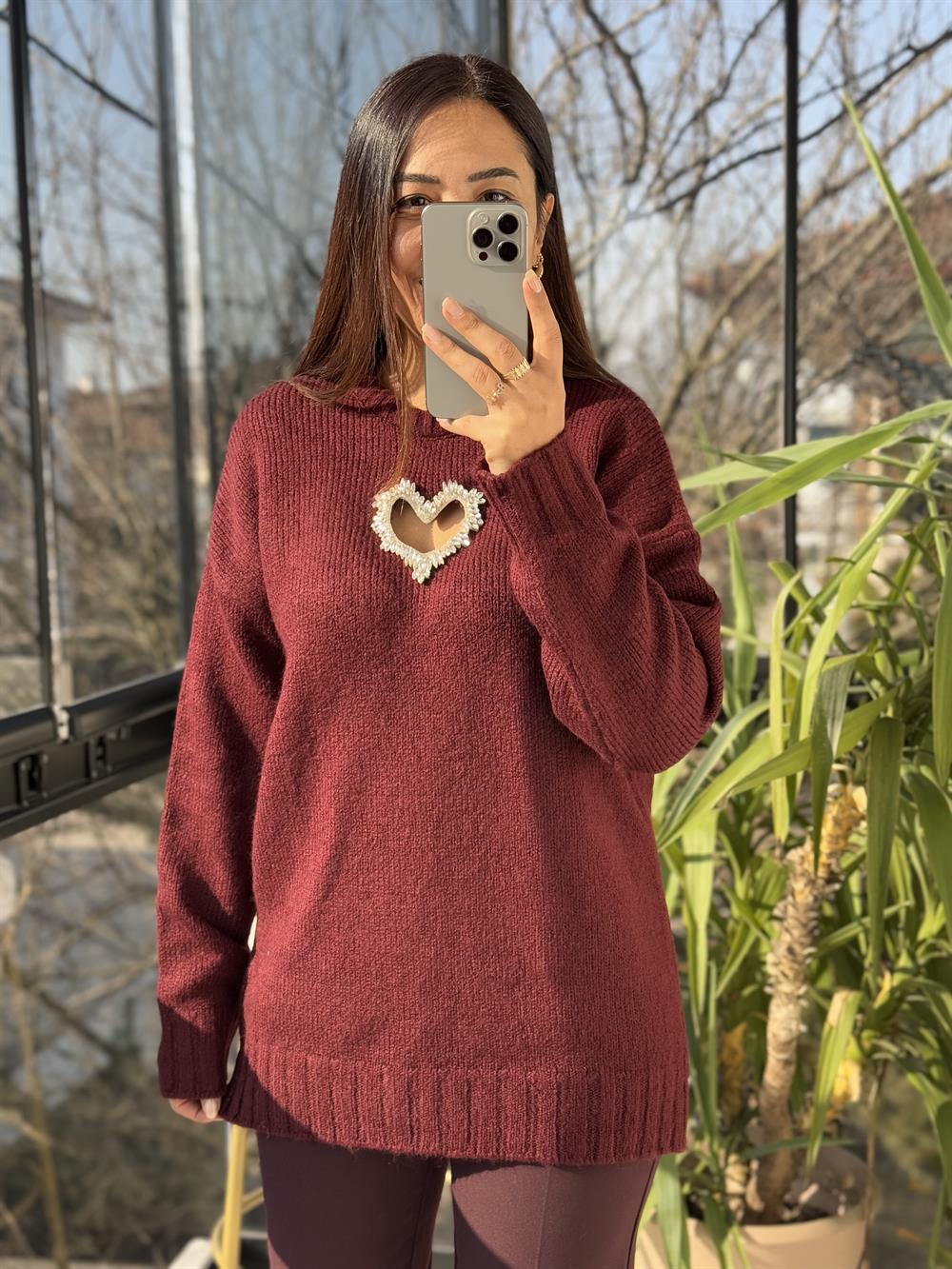 Taşlı Kalp Kazak Bordo