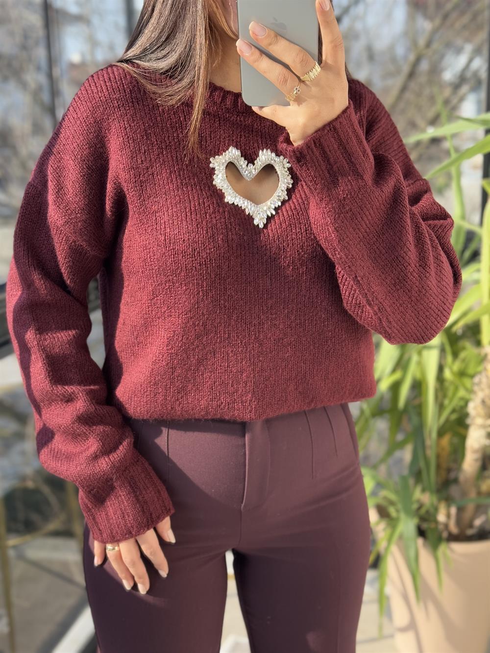 Taşlı Kalp Kazak Bordo