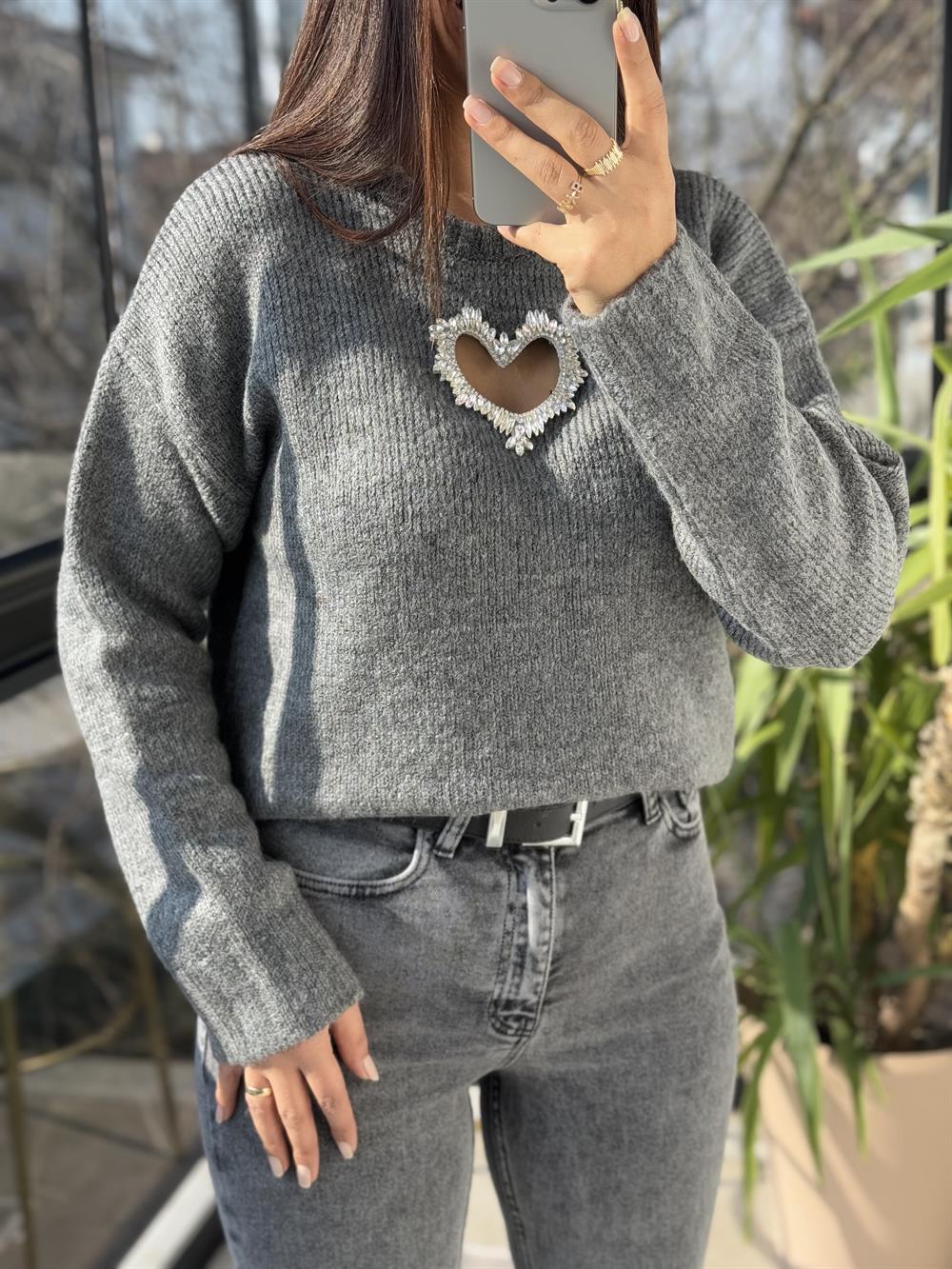 Taşlı Kalp Kazak Gri