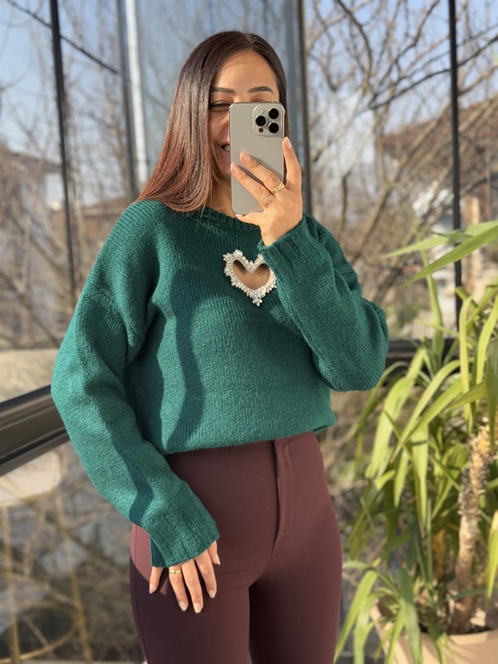 Taşlı Kalp Kazak Yeşil