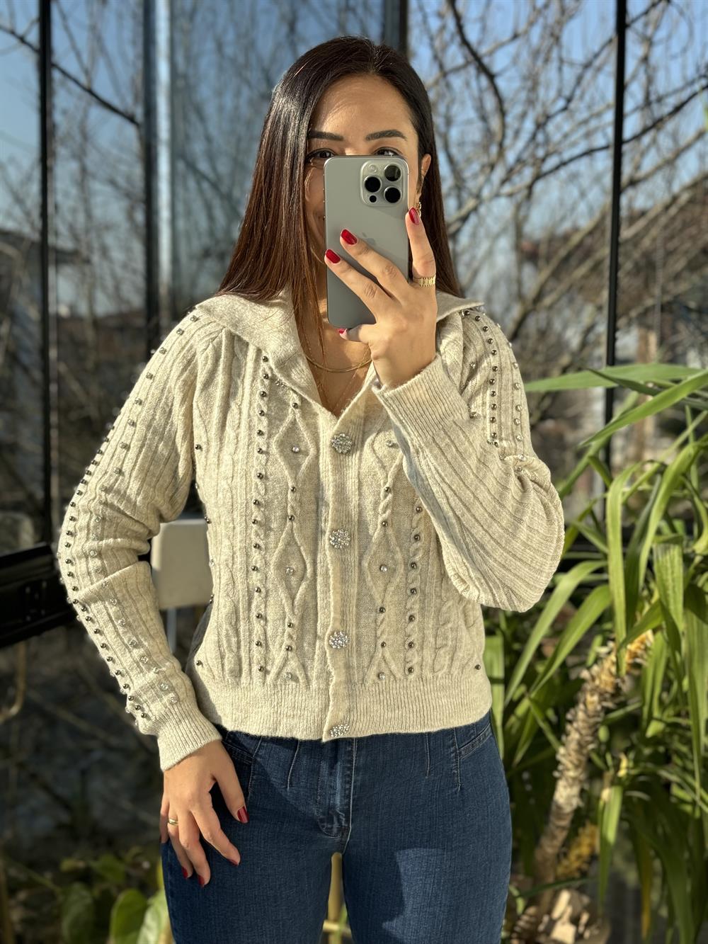 Taşlı Polo Yaka Hırka Taş